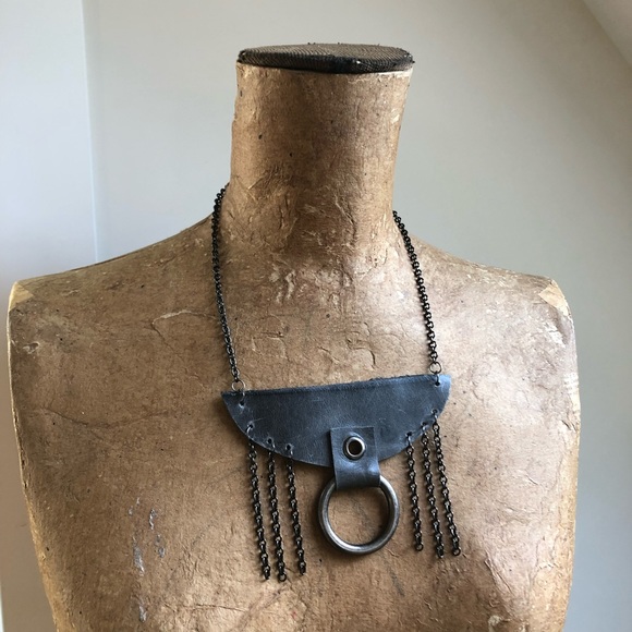 Industrial tribal leather and chain handmade OOAK statement festival necklace - Picture 3 of 6